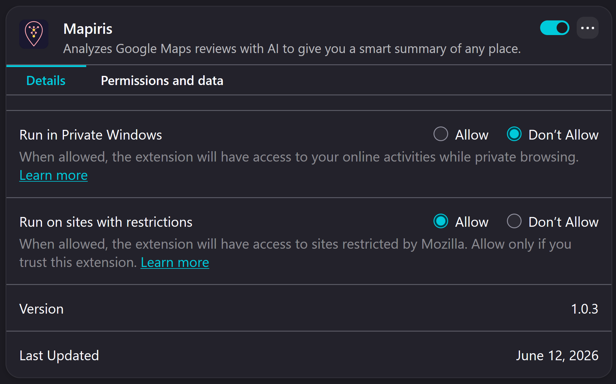 Firefox add-on details with 'Run on sites with restrictions' set to Allow