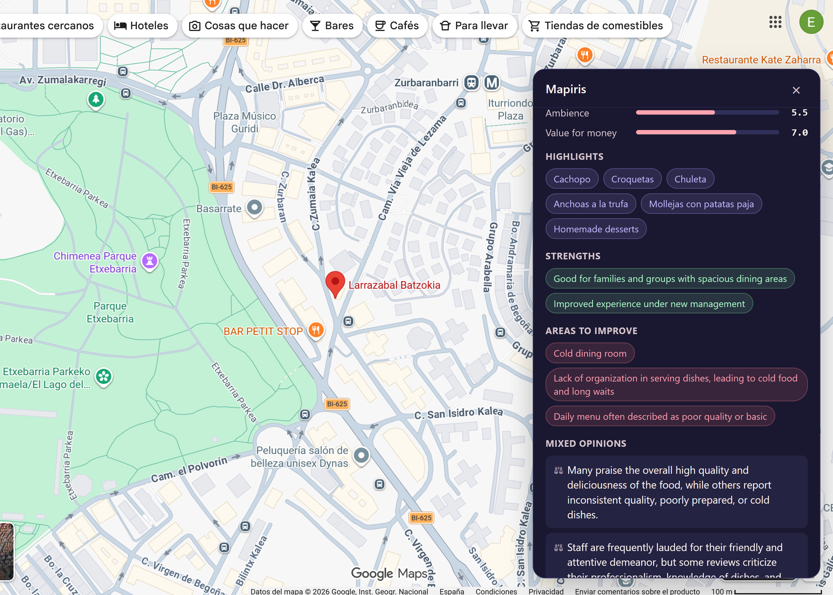 Mapiris extension showing an AI summary of Google Maps reviews